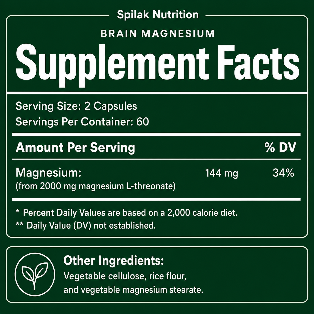 Magnesium L-Threonate · supplement facts panel · 144 mg elemental magnesium from 2000 mg magnesium L-threonate per serving