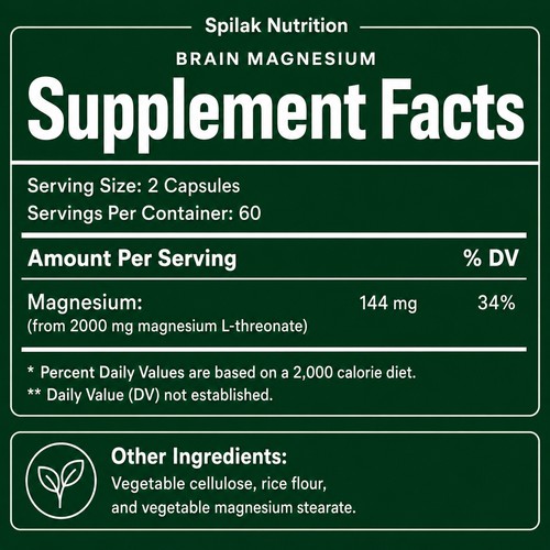 Magnesium L-Threonate · supplement facts panel · 144 mg elemental magnesium from 2000 mg magnesium L-threonate per serving